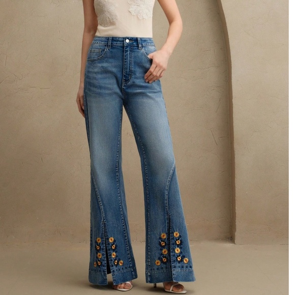 Boho Medium Wash High Waisted Floral Embroidered Split Hem Wide leg Jeans Pant - Picture 1 of 7